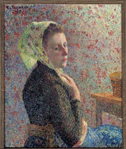 1893年の緑の箔をつけた女性の肖像 カミーユ・ピサロ（1830-1903）の絵画。1893.薄暗い。0.65 x 0.54 m. パリ、オルセー美術館 作： Camille Jacob Pissarro