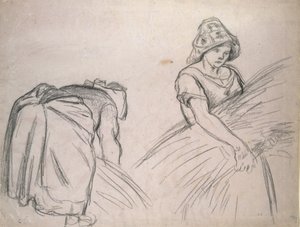 2匹の女性の収穫機の研究、1882年（白とピンクの紙に黒いチョーク） 作： Camille Jacob Pissarro
