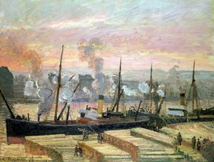 ルーアンの日没、ボートの荷下ろし用木材、1896 作： Camille Jacob Pissarro