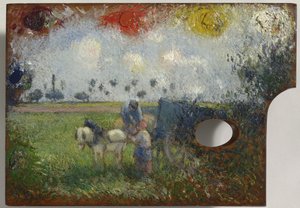 風景のあるアーティストのパレット、c.1878-80 作： Camille Jacob Pissarro