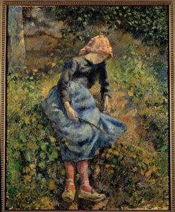 羊飼いは乙女が杖を持っていると言います。カミーユ・ピサロ（1830-1903）の絵 作： Camille Jacob Pissarro
