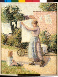 リネンを張る女 カミーユ・ピサロ（1830-1903）の絵画 1887年。薄暗い。0.41 x 0.32 m パリ、オルセー美術館 - リネンを伸ばす女。カミーユ・ピサロ（1830-1903）による絵画 1887年。0.41 x 0, 32 m パリ、オルセー美術館 作： Camille Jacob Pissarro