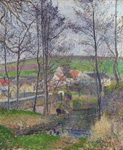 オスニーのヴィオスヌ川のほとり、灰色の天候、冬 - カミーユ・ピサロの絵画 (1830-1903) 灰色の天候のオスニーのヴィオスヌ川の岸辺 - キャンバスに油彩 1883 ビクトリア国立美術館、メルボルン 65.3x54.5 作： Camille Pissarro