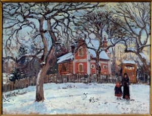 雪の中の栗とルーヴシエンヌの風景。カミーユ・ピサロ（1830-1903）の絵画 1872年 日。0,41x0,52 m パリ、オルセー美術館 作： Camille Jacob Pissarro