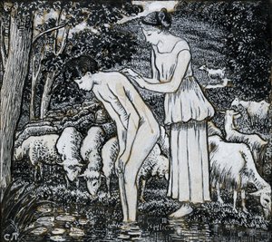小川でダフニスを洗うクロエ、挿絵のための構図習作、c1895 作： Camille Pissarro