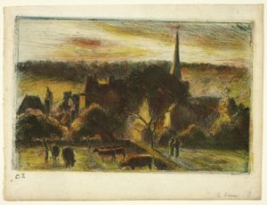 エラニーの教会と農場 作： Camille Pissarro