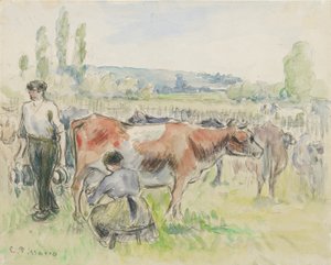 エラニー＝シュル＝エプテでの搾乳シーンの構図検討、1884年 作： Camille Pissarro