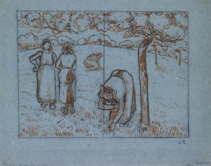 果樹園で働く 4 人の女性農民の構成研究「春」、c1894 作： Camille Pissarro