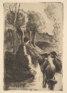 牛飼い、ウォーターズエッジ、1890年。 作： Camille Jacob Pissarro