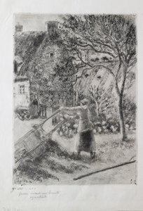 手押し車を空にする女性、1880年 作： Camille Pissarro