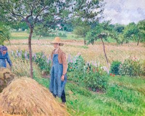干し草の山のそばに立つ庭師、どんよりした空、エラニー 作： Camille Pissarro