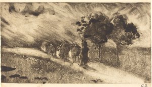 夕方の夕暮れのヴァシェールでの牛の群れ、c。 1890年。 作： Camille Pissarro