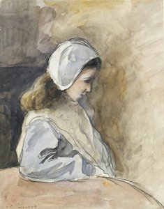 テーブルに座るジャンヌ＝レイチェル・ピサロ、c1872 作： Camille Pissarro