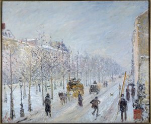 雪のパリ大通り 作： Camille Pissarro