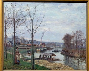 Port Marly (Port-Marly), the washing-house セーヌ川の洗濯小屋の風景。カミーユ・ピサロ(1830-1903)による絵画 1872 Sun.0,46x0,56 m Paris, musee d