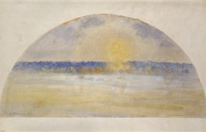 沈む太陽と霧、エラグニー、1891年 作： Camille Pissarro