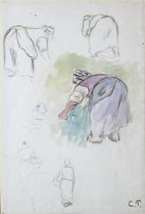 習作シート：腰をかがめる女性の習作4枚、洗面器を持つ女性の習作2枚 作： Camille Pissarro