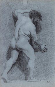 右向きの横顔で見られる壁にポーズをとった男性のヌードの研究、1856-1860 作： Camille Pissarro