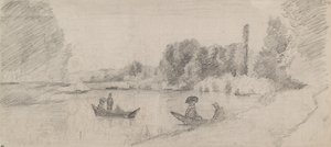 ボートのある川の風景の研究、1863-1864 作： Camille Pissarro