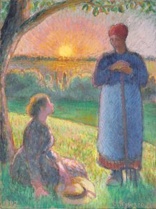 おしゃべりする農民たち、夕暮れ、エラニー 作： Camille Pissarro