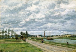 ポントワーズの近くのオワーズの銀行 (キャンバスに油彩) 作： Camille Pissarro