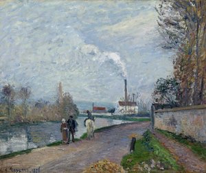 灰色の天気でポントワーズの近くのオワーズ 作： Camille Jacob Pissarro