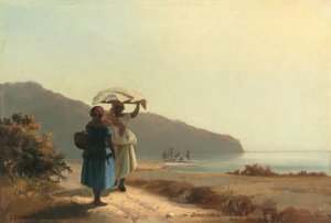 海辺でおしゃべりをする 2 人の女性、セント トーマス、1856 年。 作： Camille Pissarro
