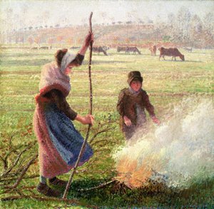 白い霜、木を割る女 作： Camille Jacob Pissarro