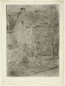 手押し車を空にする女性 作： Camille Pissarro