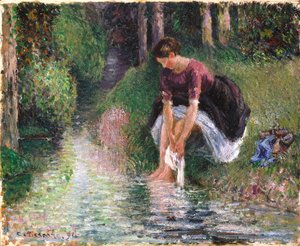 小川で足を洗う女性（キャンバスに油彩） 作： Camille Pissarro