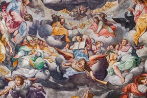 音楽を演奏する天使、最後の審判の詳細 (フレスコ画) 作： Camillo Procaccini