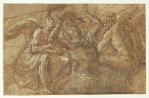 3 人の天使に囲まれた両手を広げて恍惚とした男 作： Camillo Procaccini