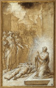 死んだ男の体のそばで祈る女聖人 作： Camillo Procaccini