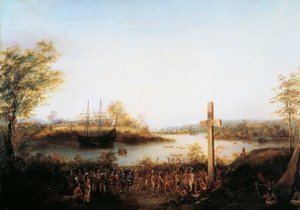 ジャック・カルティエ（1491-1557）が、現在のケベック市があるスタダコナに十字架を立てた。 作： Canadian School