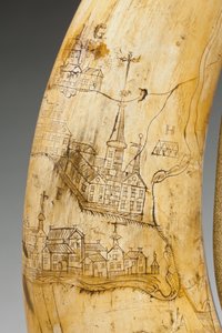 ケベック地域のセントローレンス川の地図が刻まれた火薬の角、1759年頃 作： Canadian School