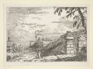 シリーズVedute（Views）からの塔と2つの台無しにされた柱のある風景 作： Canaletto (Giovanni Antonio Canal)
