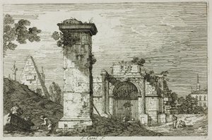 廃墟となったモニュメントのある風景、Vedute より 作： Canaletto