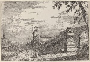 タワーと台無しにされた 2 つの柱のある風景 作： Canaletto