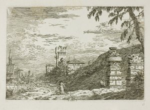 Vedute の塔と 2 つの台無しにされた柱のある風景 作： Canaletto