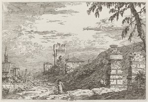 塔と 2 つの台無しにされた柱のある風景 [左]、c. 17351746。 作： Canaletto