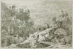 Vedute からの 5 つの橋のある山の風景 作： Canaletto