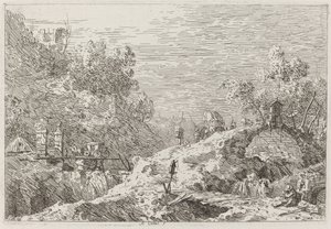 5つの橋のある山の風景[右下]、c。 17351746。 作： Canaletto