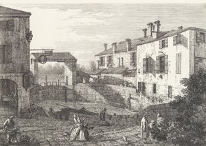 ドロの水門、楕円形の盆地、中央にボート、両側に建物...、1735-46。 作： Canaletto