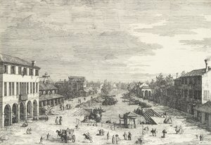 「View...」、1735-46 より、左の宿屋メストレと運河沿いのさまざまな建物の眺め。 作： Canaletto