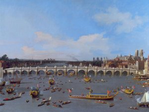 ウェストミンスター橋、テムズ川の上の市長の行列 作： Giovanni Antonio Canal