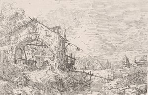 左はアーケードの下の井戸から水を汲む女性、右は風景、1..., 1717-68. 作： Canaletto
