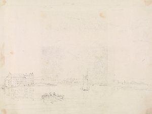 メディナ川の対岸から見たボートと大きな建物のスケッチ 作： Capt. Thomas Hastings