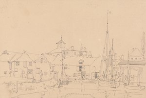 村に隣接して係留された帆船のスケッチ 作： Capt. Thomas Hastings