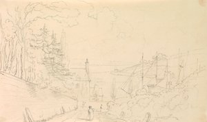 船が停泊している海岸に降りる道路のスケッチ 作： Capt. Thomas Hastings