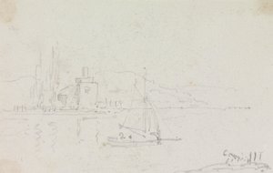 帆船と岸辺の建物のスケッチ 作： Capt. Thomas Hastings